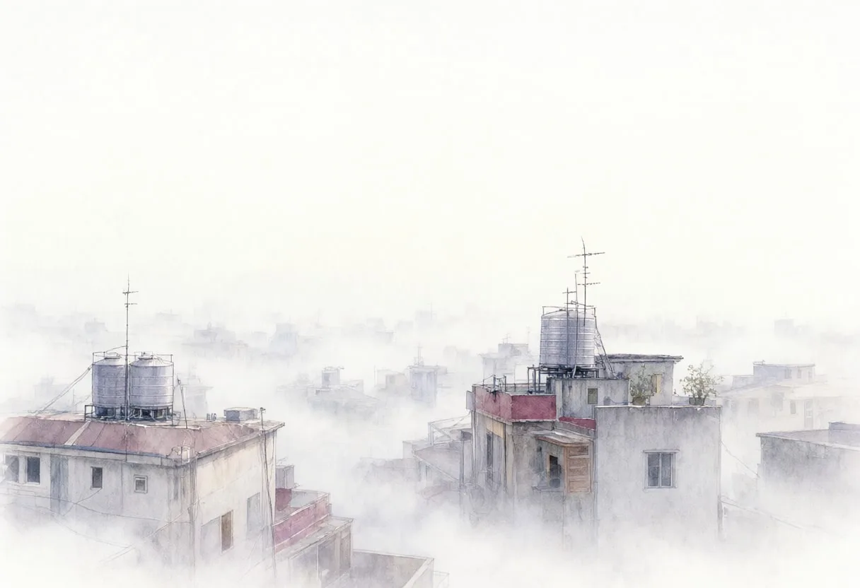 Rooftops in Morning Mist in soft morning mist