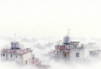 Rooftops in Morning Mist in soft morning mist