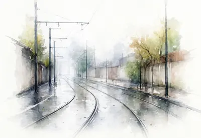 Tram Line in the Rain in soft morning mist