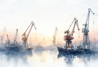 Harbour Cranes against Dusk Sky in soft morning mist