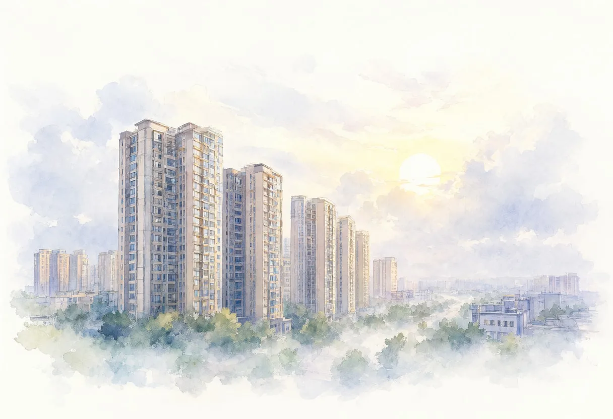 Tower Blocks and Cloud Layers in soft morning mist