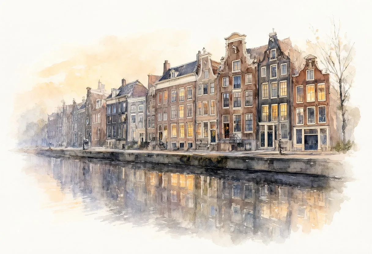 Canal Houses Reflection in soft morning mist
