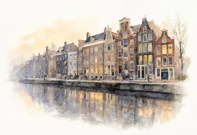 Canal Houses Reflection in soft morning mist