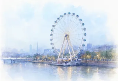 Ferris Wheel by the River in soft morning mist