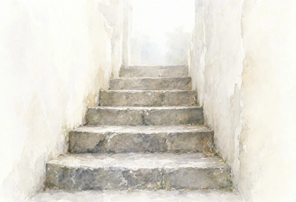 Staircase Between Old Walls in soft morning mist