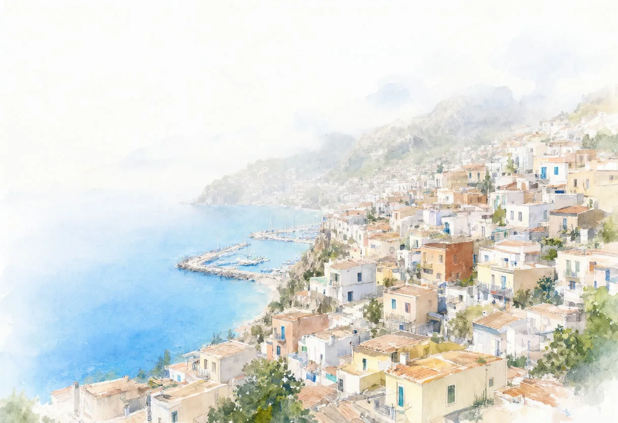 Coastal Town on a Hillside in soft morning mist
