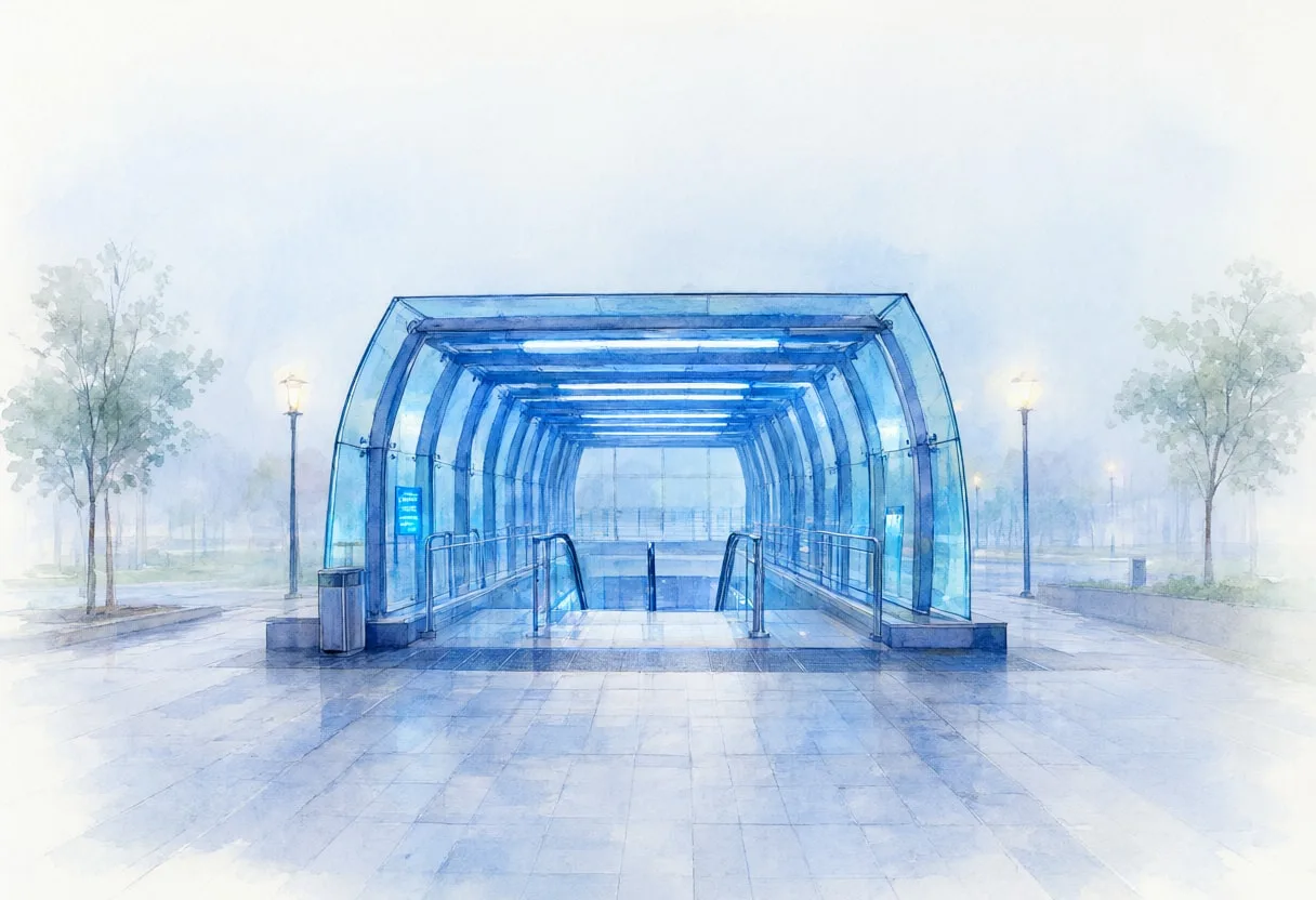 Metro Entrance at Blue Hour in soft morning mist