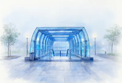 Metro Entrance at Blue Hour in soft morning mist