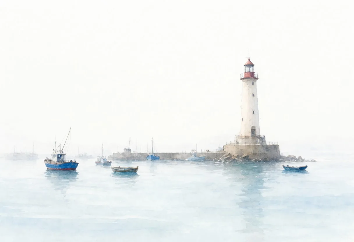 Lighthouse at the Harbour Mouth in soft morning mist