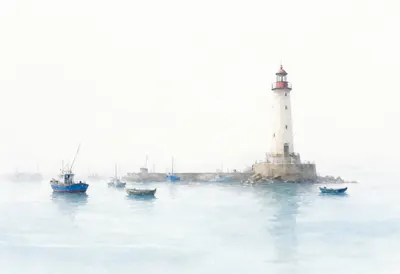 Lighthouse at the Harbour Mouth in soft morning mist
