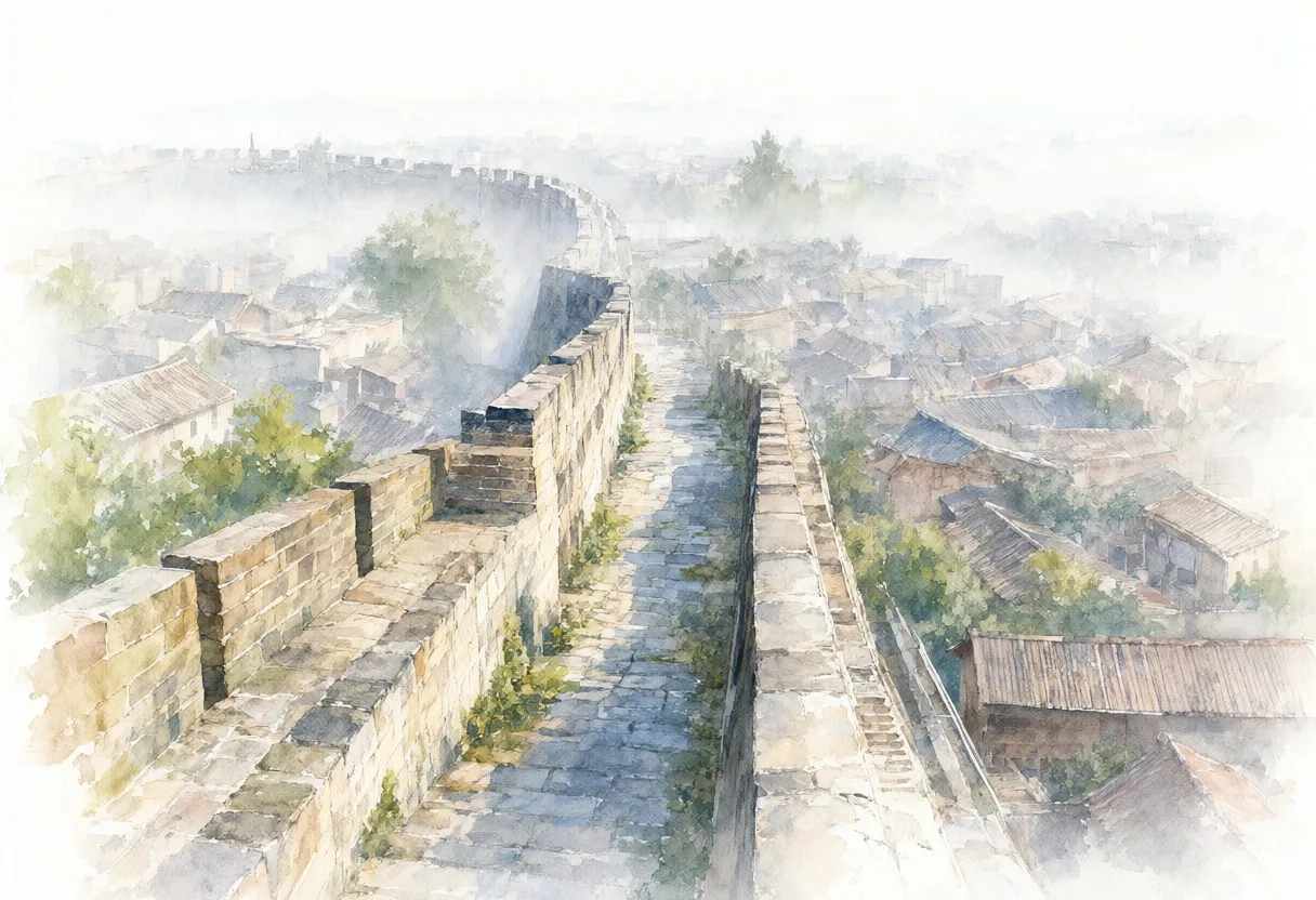 City Walls from Above in soft morning mist