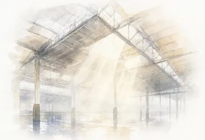 Train Station Roof Structure in soft morning mist