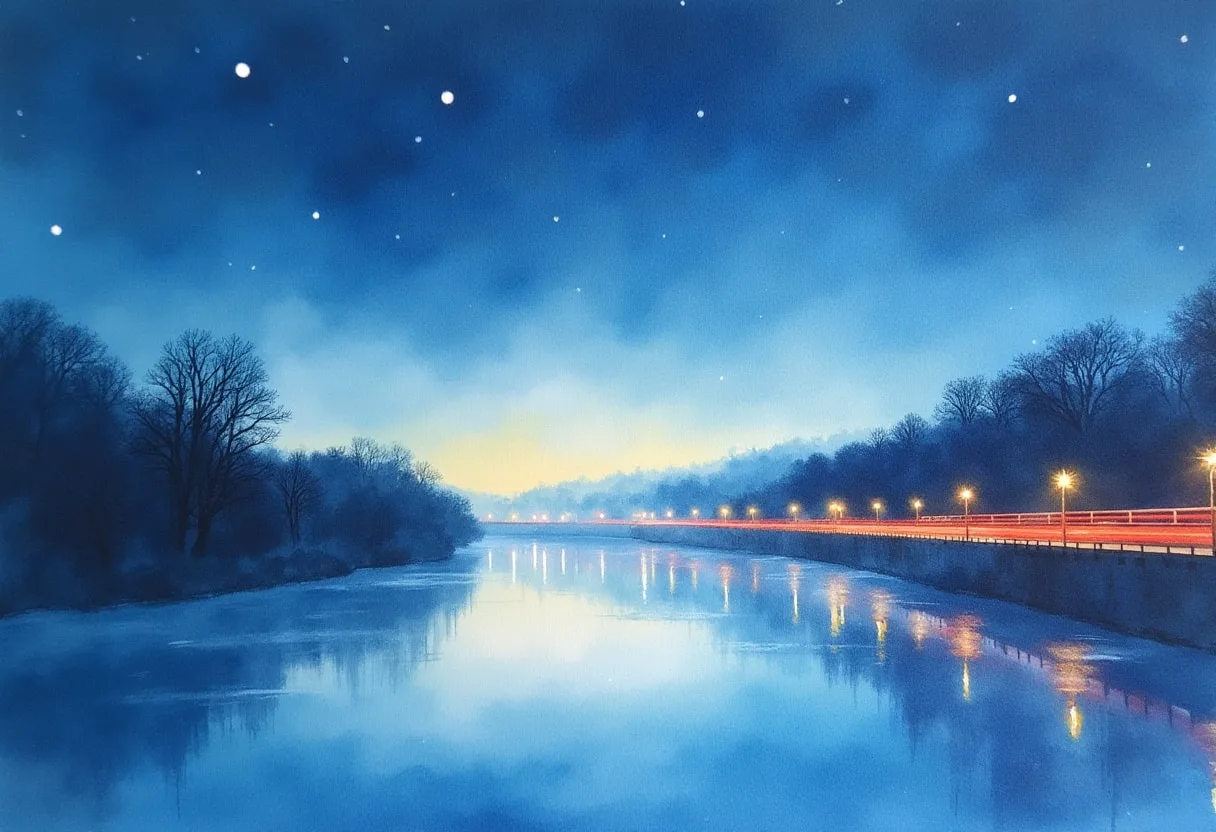 Night Skyline with Light Trails in soft morning mist