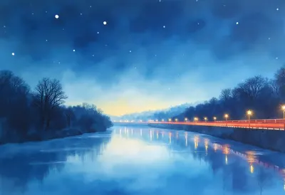 Night Skyline with Light Trails in soft morning mist