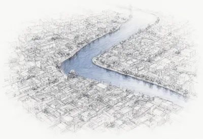 Aerial View of a River City at blue hour
