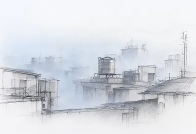 Rooftops in Morning Mist at blue hour