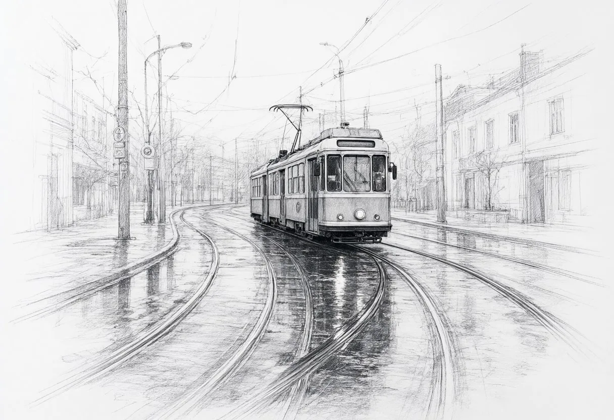 Tram Line in the Rain at blue hour