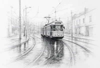 Tram Line in the Rain at blue hour