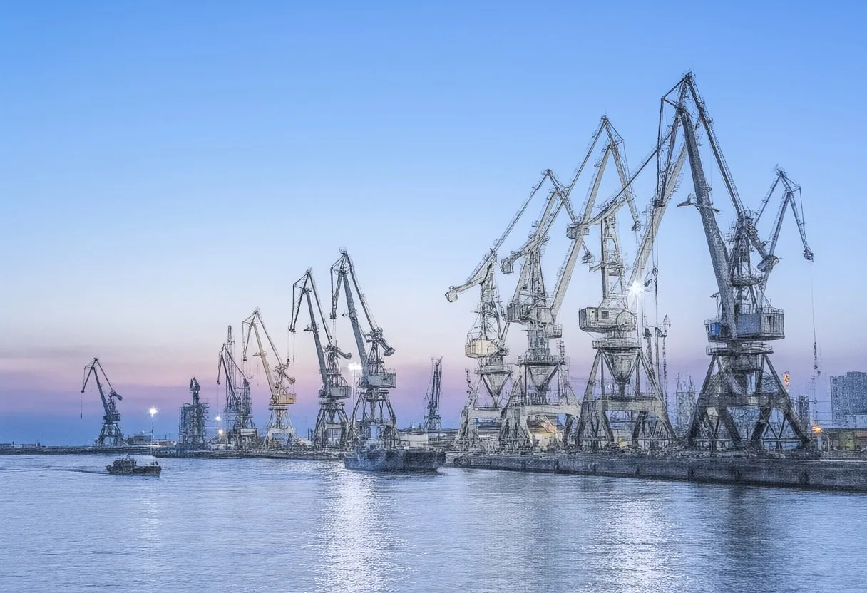 Harbour Cranes against Dusk Sky at blue hour