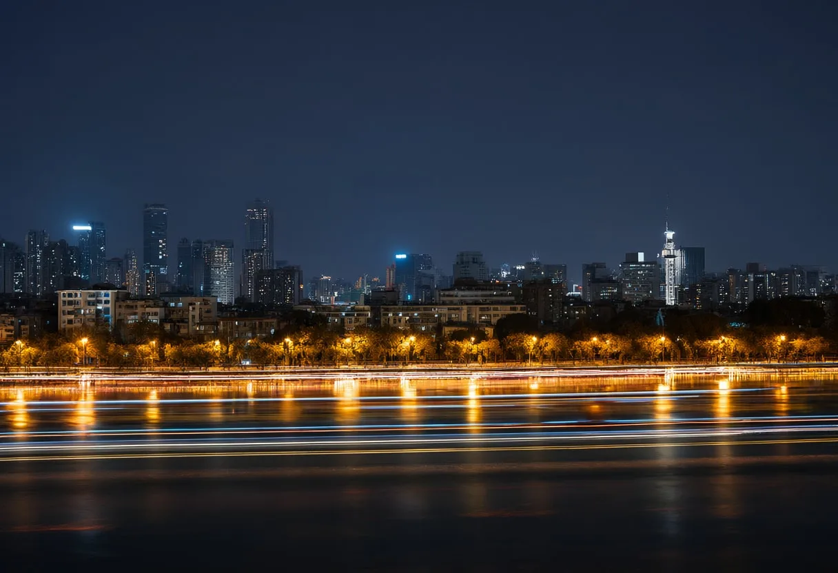 Night Skyline with Light Trails after rain