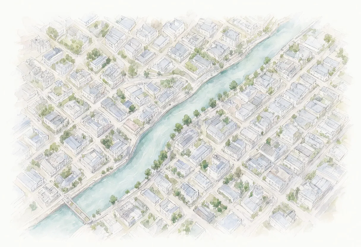 Aerial View of a River City from a high vantage point