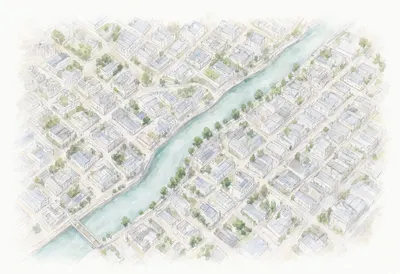 Aerial View of a River City from a high vantage point