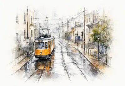 Tram Line in the Rain from a high vantage point