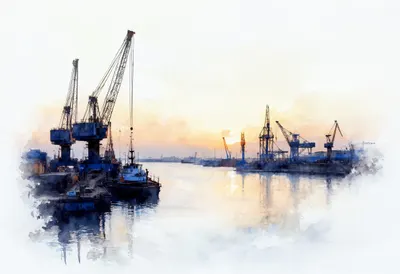 Harbour Cranes against Dusk Sky from a high vantage point