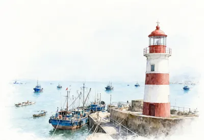 Lighthouse at the Harbour Mouth from a high vantage point