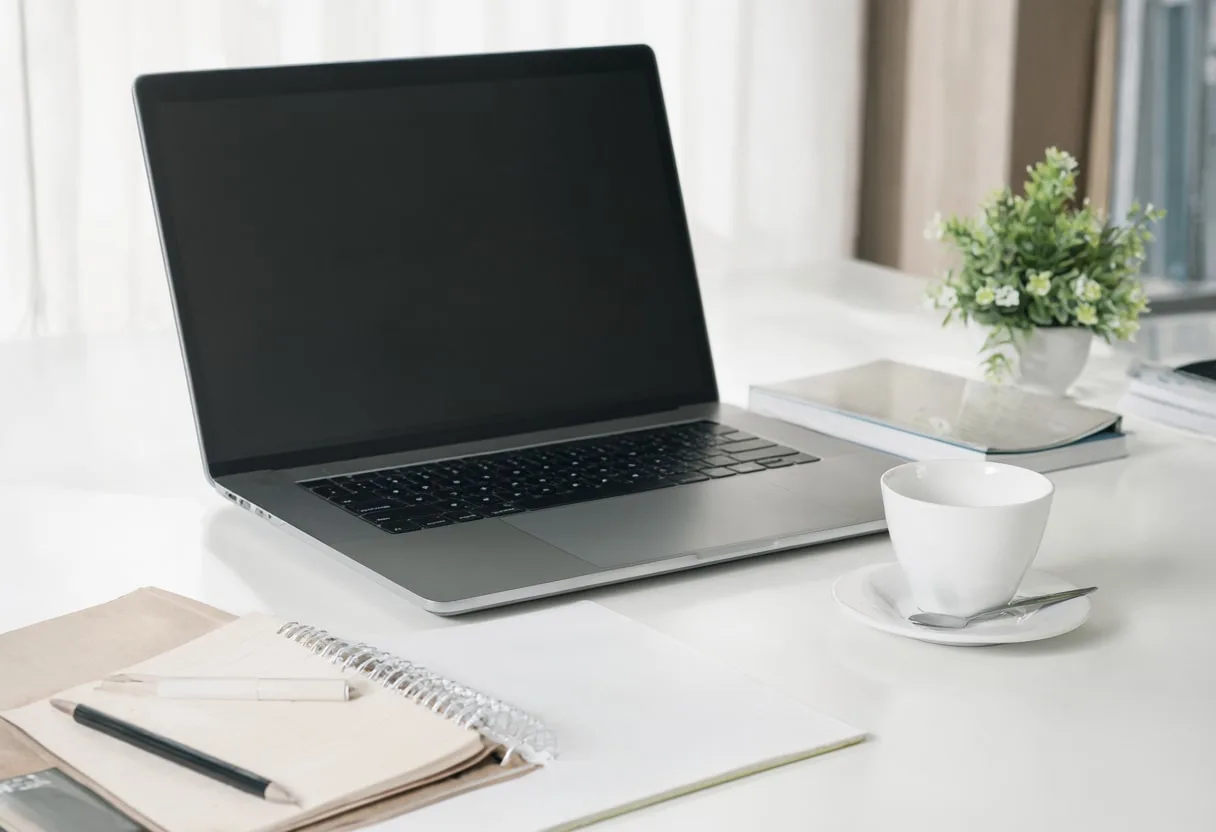 Desk with Laptop and Notebook