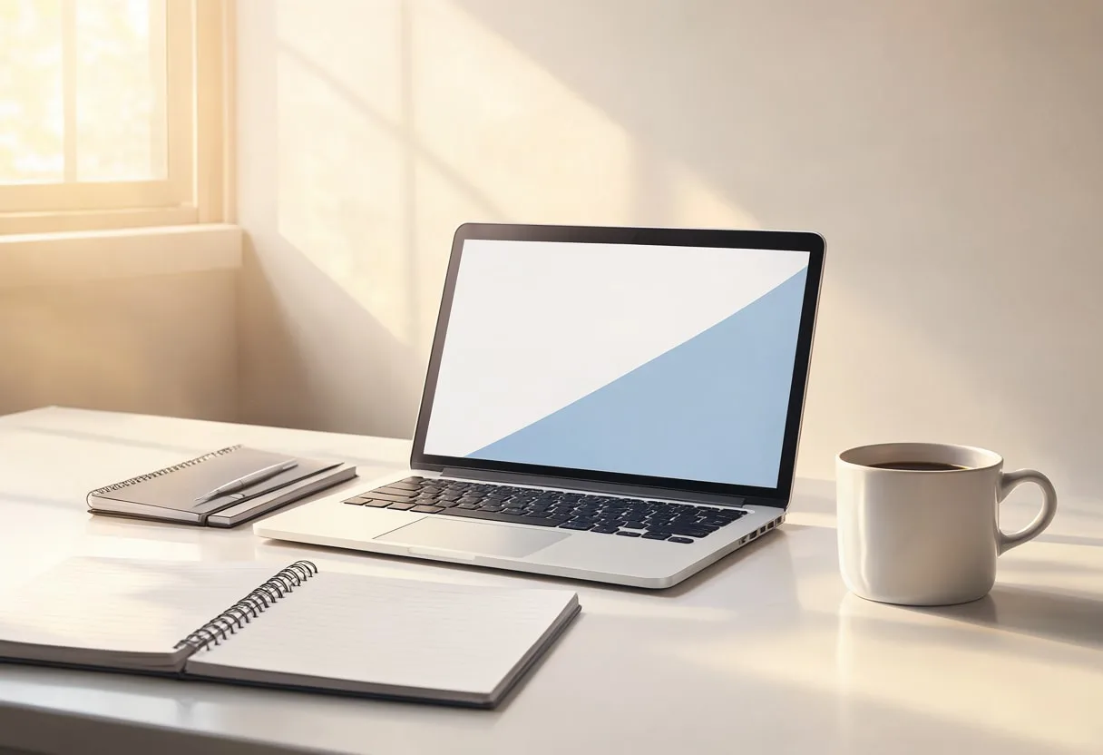 Desk with Laptop and Notebook with warm window light