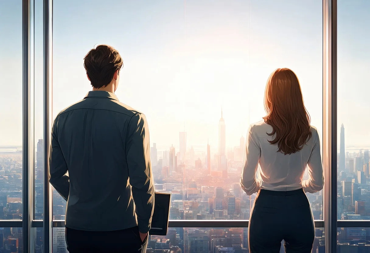Two Colleagues Seen from Behind with warm window light