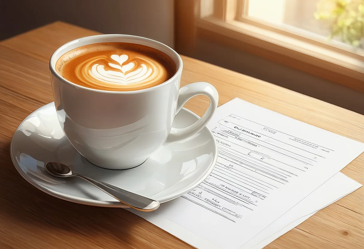 Coffee and Printed Report with warm window light