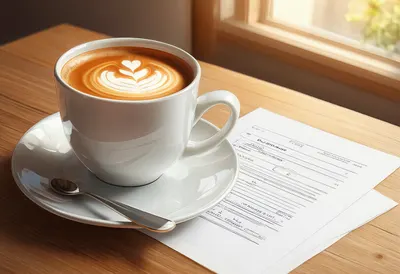 กาแฟและสิ่งพิมพ์รายงานพร้อมไฟหน้าต่างอันอบอุ่น