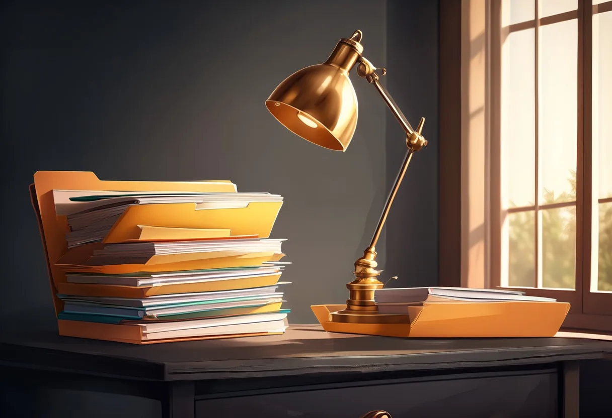 Stacked Folders and a Lamp with warm window light