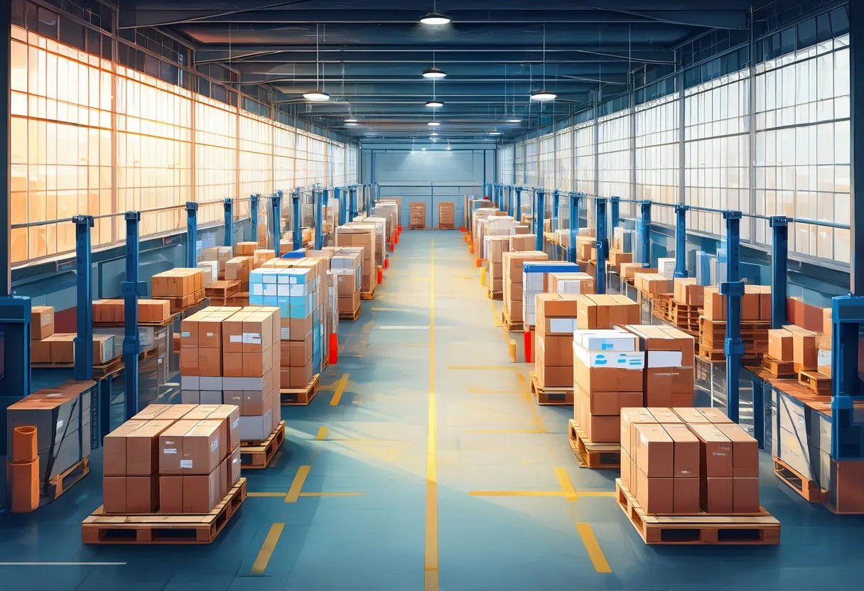 Warehouse Aisle from Above with warm window light