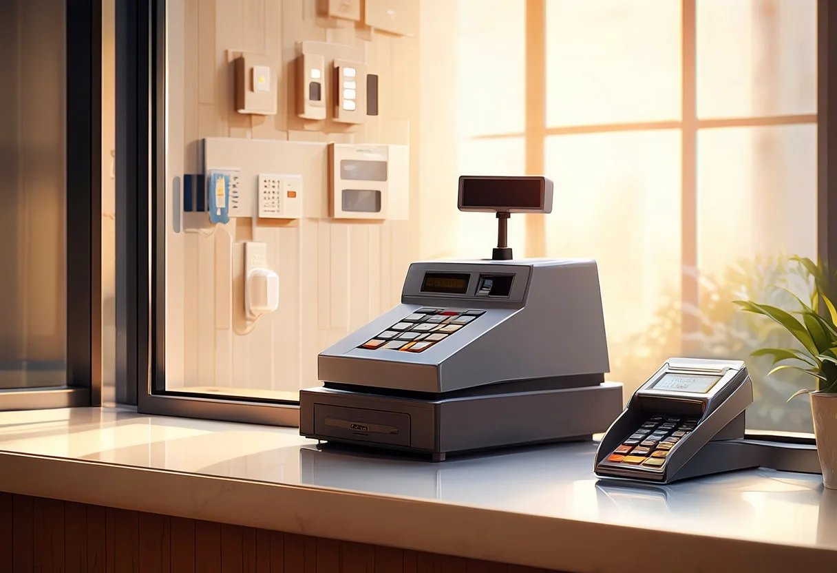 Shop Counter with a Till with warm window light
