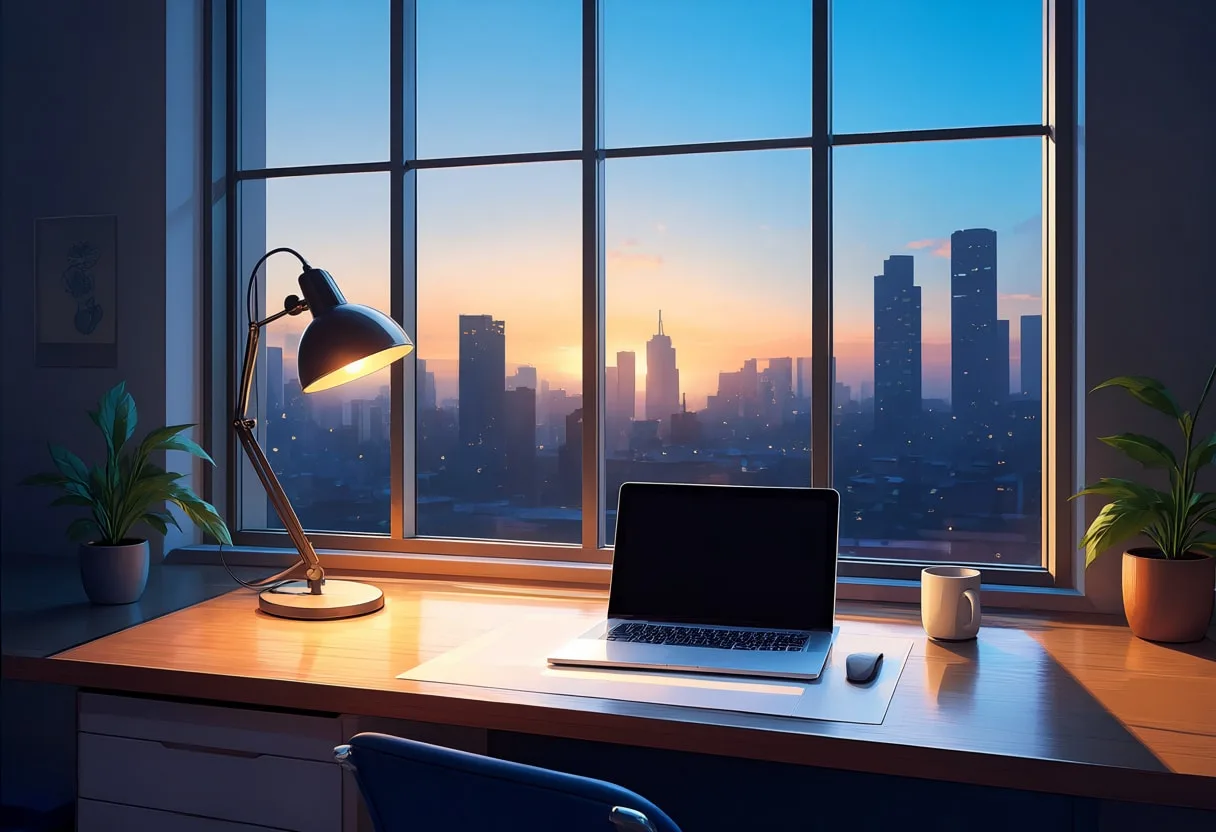 City Window Desk with warm window light