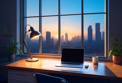 City Window Desk with warm window light