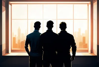 Team Stand-Up in Silhouette with warm window light