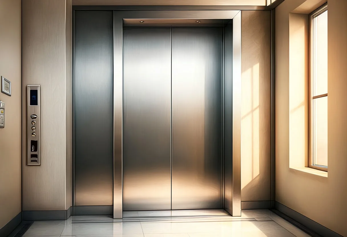 Elevator Lobby in Brushed Metal with warm window light