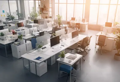 Open Plan Office from Above with warm window light