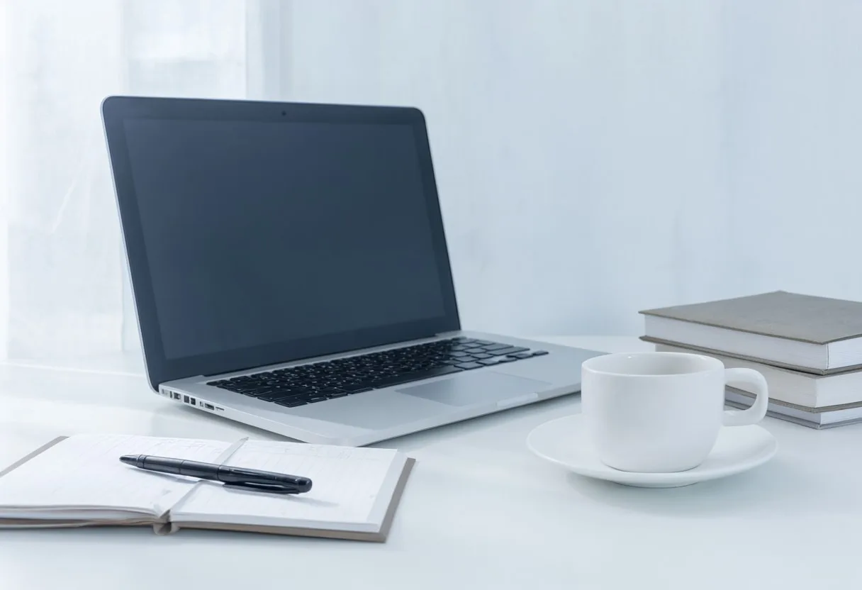 Desk with Laptop and Notebook with cool clean light