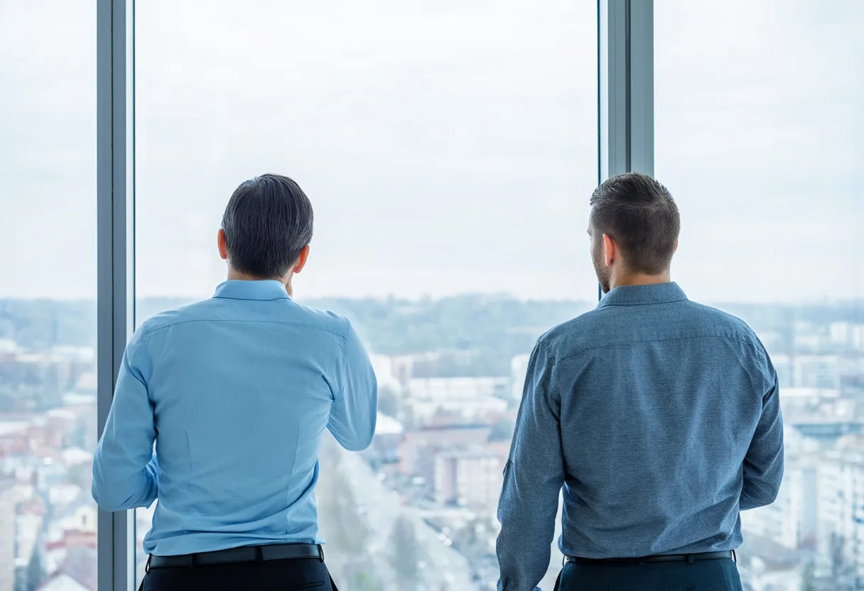 Two Colleagues Seen from Behind with cool clean light