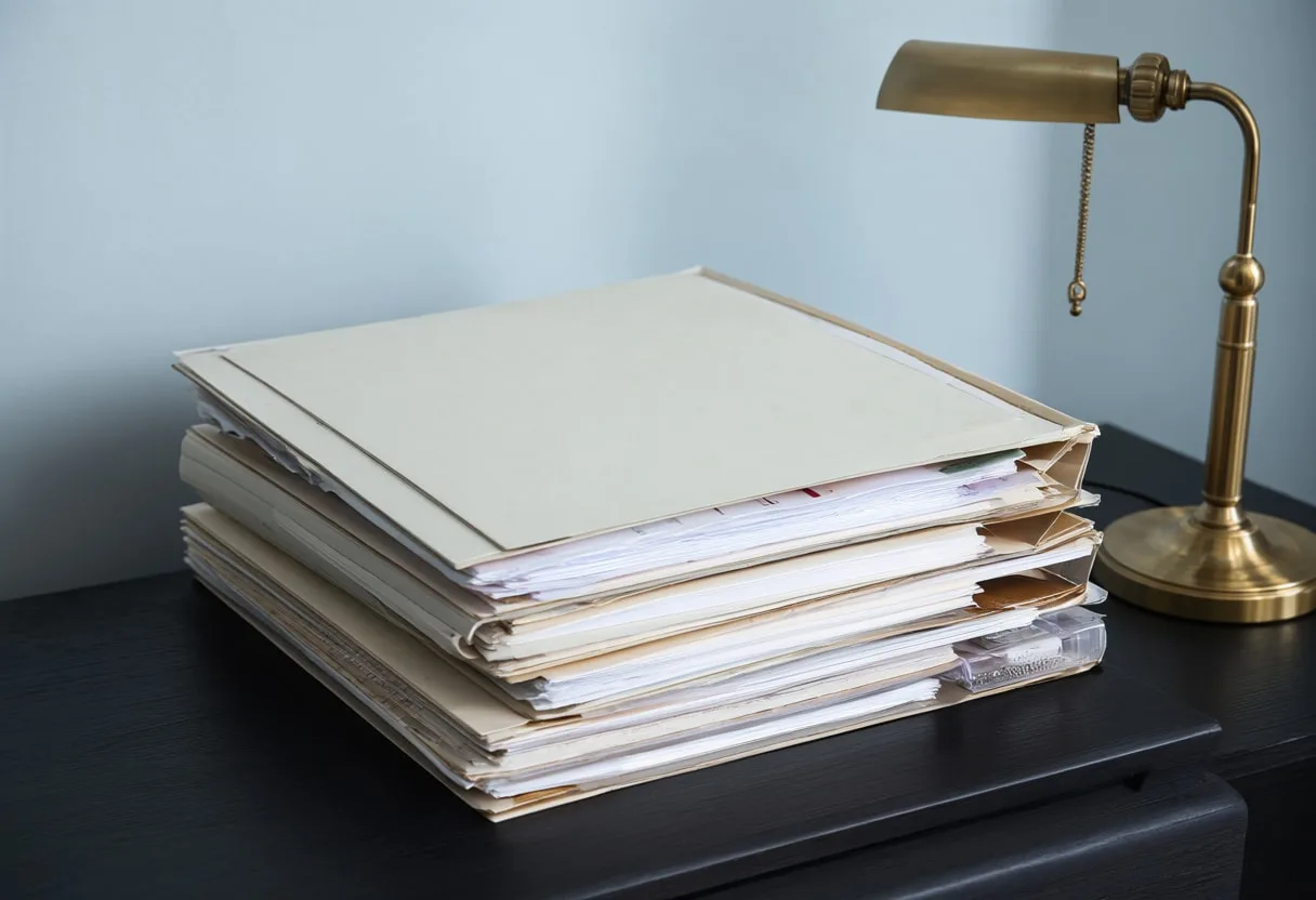 Stacked Folders and a Lamp with cool clean light