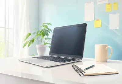 Desk with Laptop and Notebook in soft daylight
