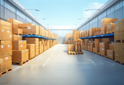 Warehouse Aisle from Above in soft daylight
