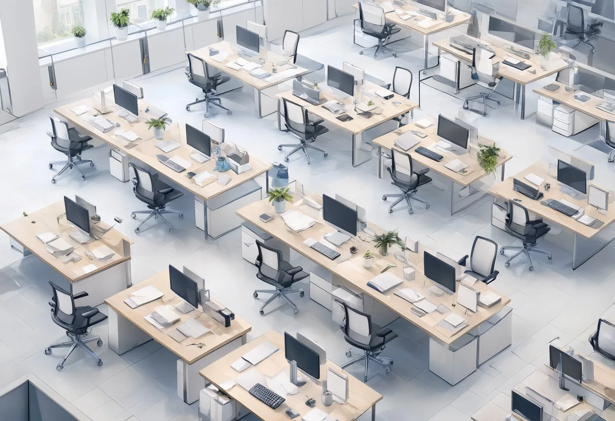Open Plan Office from Above in soft daylight