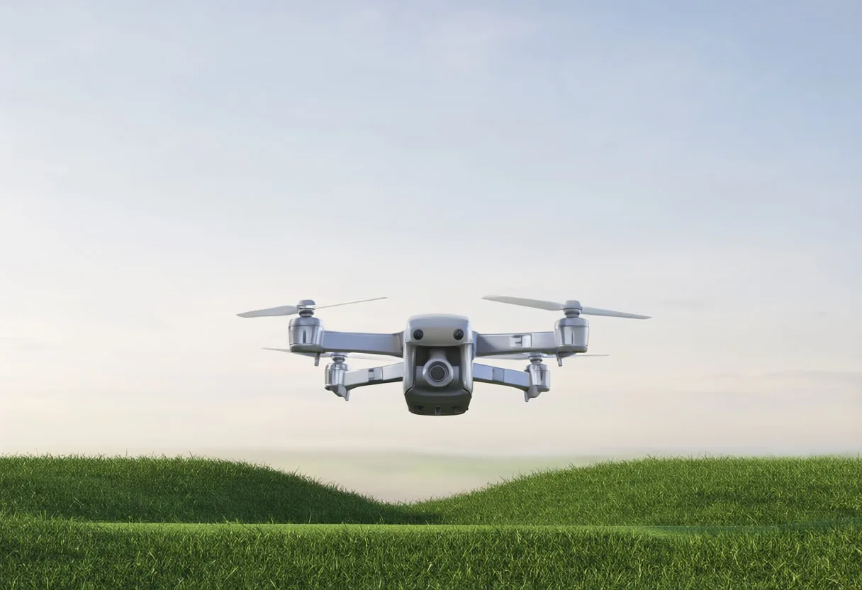 Drone Hovering above a Field in a clean studio