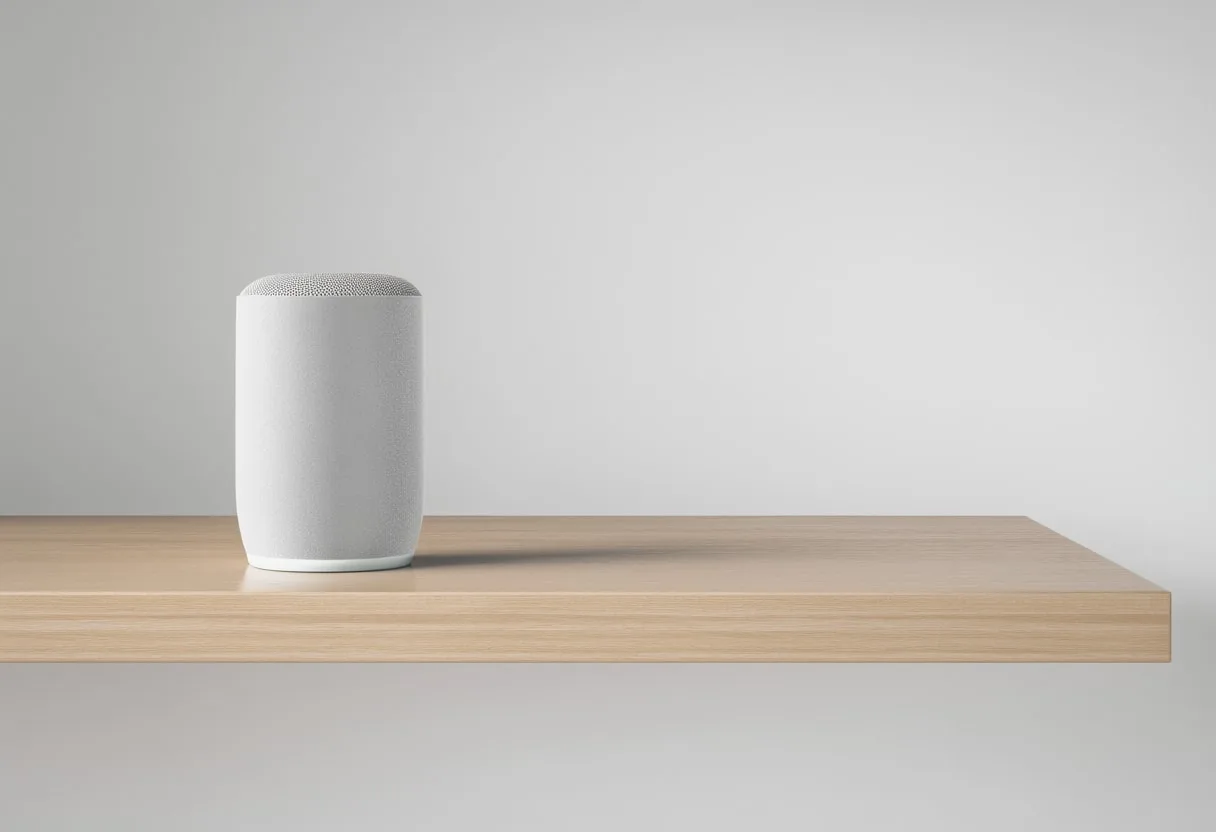 Smart Speaker on a Shelf in a clean studio